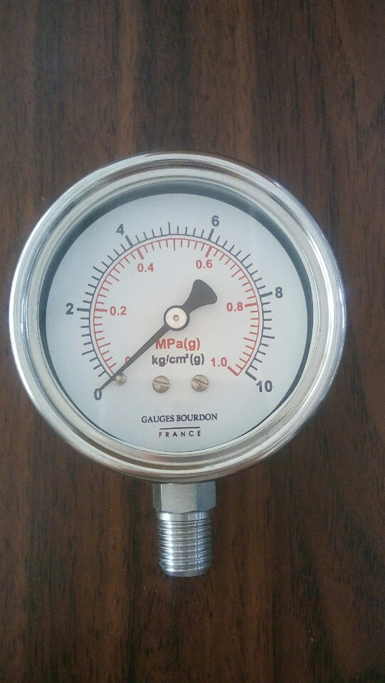 Đồng hồ đo áp suất GB-Pháp 0-16kg/cm2, mặt 100mm, vỏ inox, chân inox, chân ren đứng 1/2''
